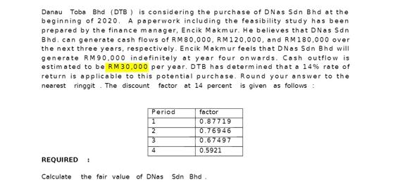 Danau Toba Bhd (DTB) is considering the purchase of DNas Sdn Bhd at the beginning of 2020. A paperwork