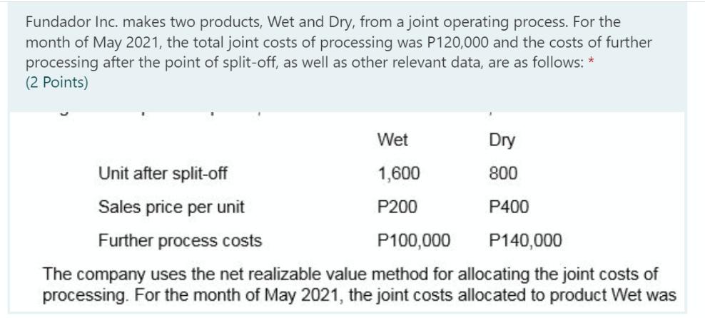 Fundador Inc. makes two products, Wet and Dry, from a joint operating process. For the month of May 2021, the