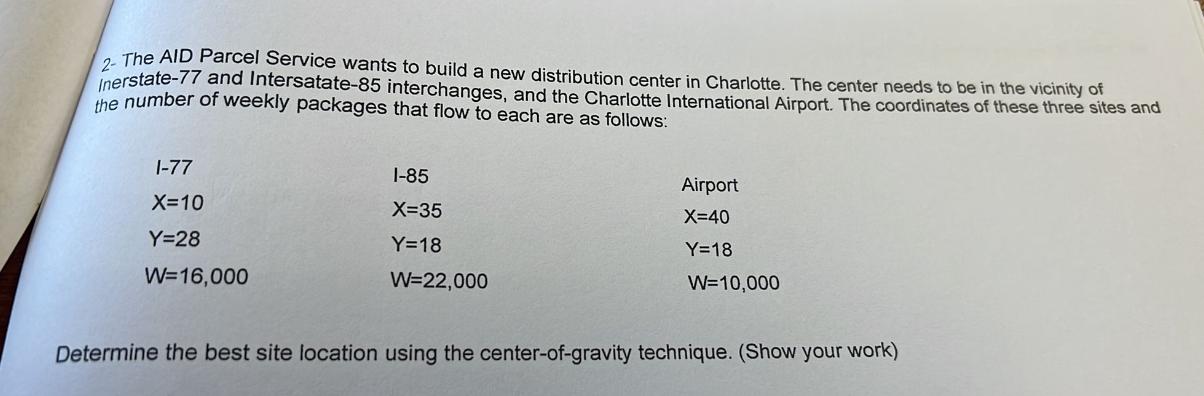 2- The AID Parcel Service wants to build a new distribution center in Charlotte. The center needs to be in