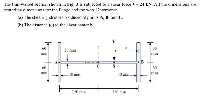 The thin-walled section shown in Fig. 3 is subjected to a shear force V= 24 kN. All the dimensions are