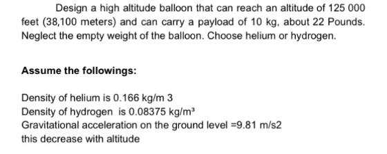 Design a high altitude balloon that can reach an altitude of 125 000 feet (38,100 meters) and can carry a