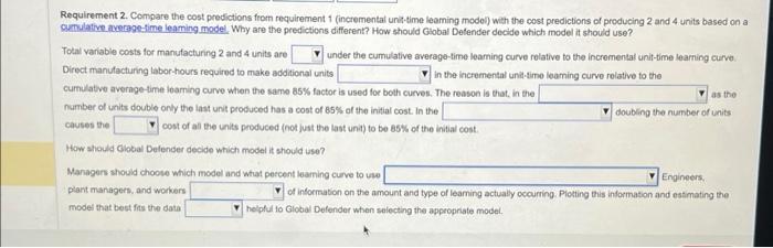 Requirement 2. Compare the cost predictions from requirement 1 (incremental unit-time leaming model) with the