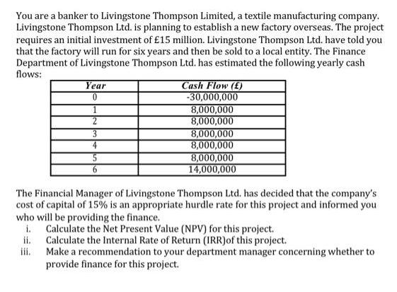 You are a banker to Livingstone Thompson Limited, a textile manufacturing company. Livingstone Thompson Ltd.