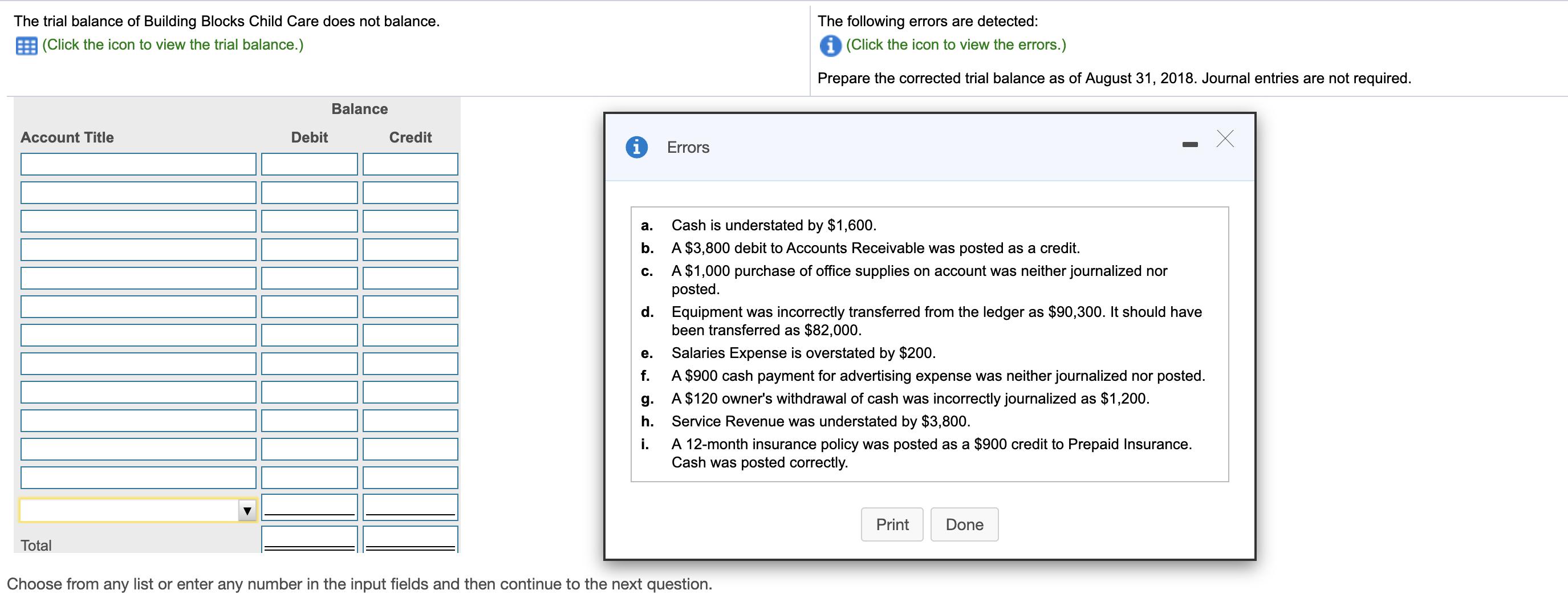 The trial balance of Building Blocks Child Care does not balance. (Click the icon to view the trial balance.)