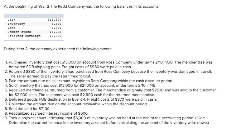 At the beginning of Year 2, the Redd Company had the following balances in its accounts: Cash Inventory Land