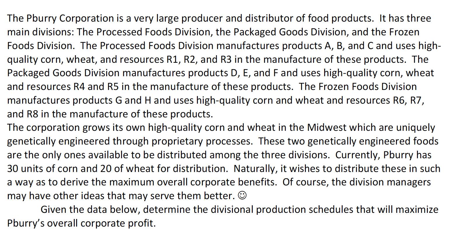 The Pburry Corporation is a very large producer and distributor of food products. It has three main