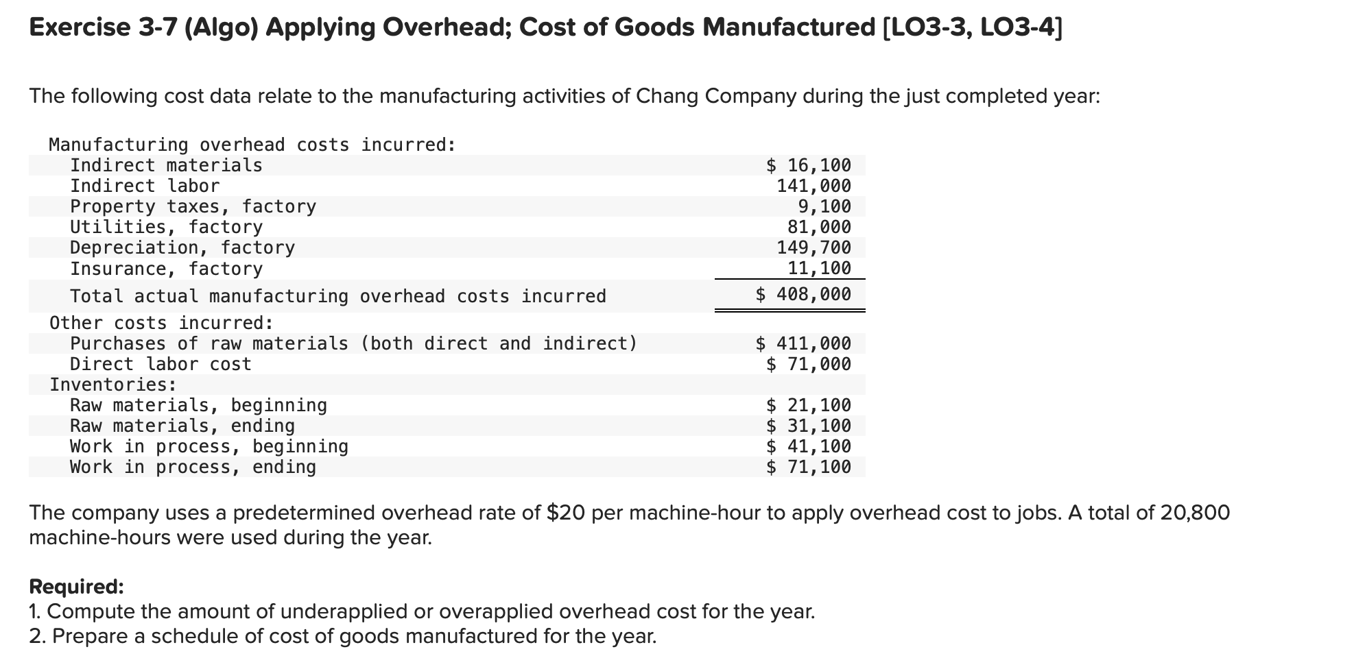 Exercise 3-7 (Algo) Applying Overhead; Cost of Goods Manufactured [LO3-3, LO3-4] The following cost data