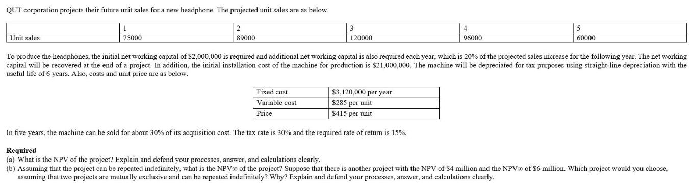 QUT corporation projects their future unit sales for a new headphone. The projected unit sales are as below.