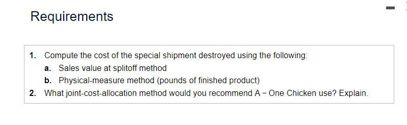 Requirements 1. Compute the cost of the special shipment destroyed using the following: a. Sales value at