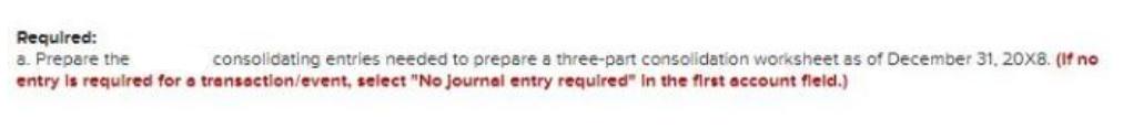 Required: a. Prepare the consolidating entries needed to prepare a three-part consolidation worksheet as of