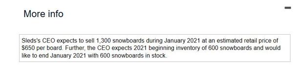 More info Sleds's CEO expects to sell 1,300 snowboards during January 2021 at an estimated retail price of