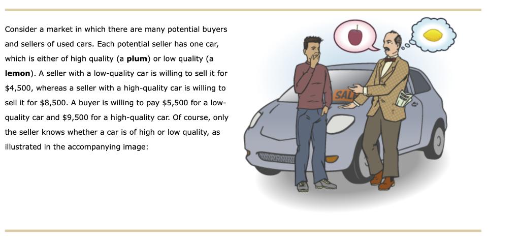 Consider a market in which there are many potential buyers and sellers of used cars. Each potential seller