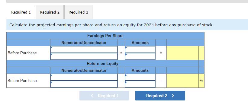 Required 1 Required 2 Required 3 Calculate the projected earnings per share and return on equity for 2024