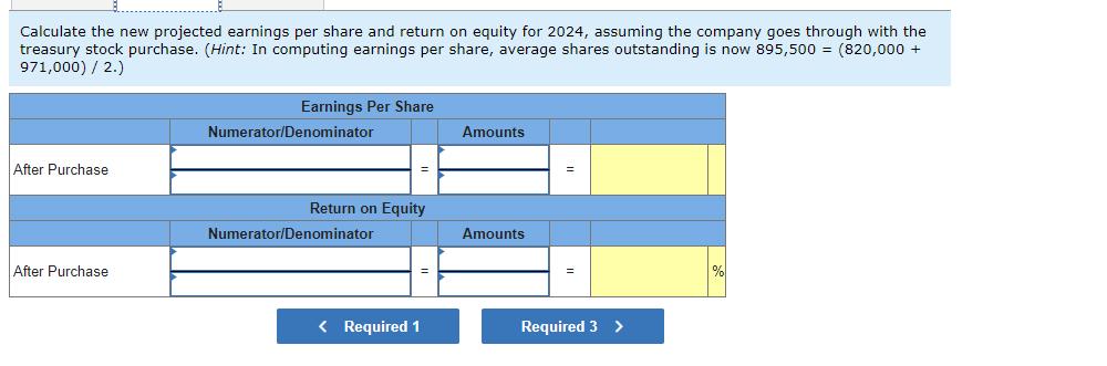 Calculate the new projected earnings per share and return on equity for 2024, assuming the company goes