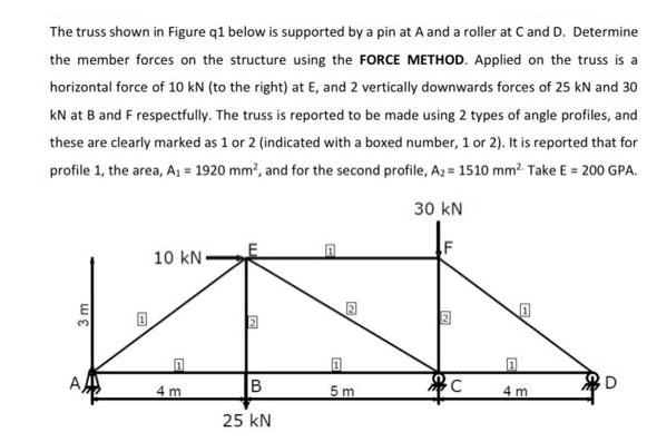 The truss shown in Figure q1 below is supported by a pin at A and a roller at C and D. Determine the member