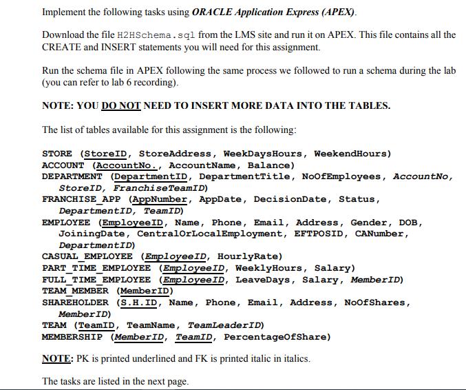 Implement the following tasks using ORACLE Application Express (APEX). Download the file H2HSchema.sql from