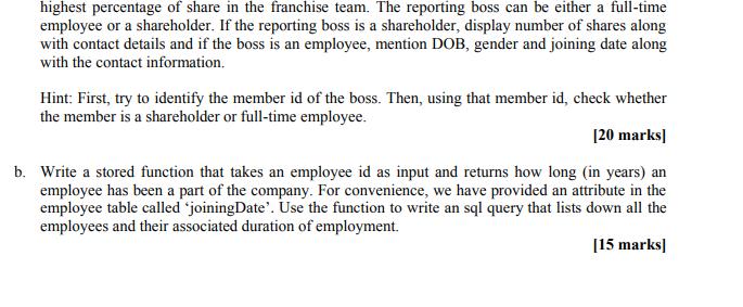 highest percentage of share in the franchise team. The reporting boss can be either a full-time employee or a