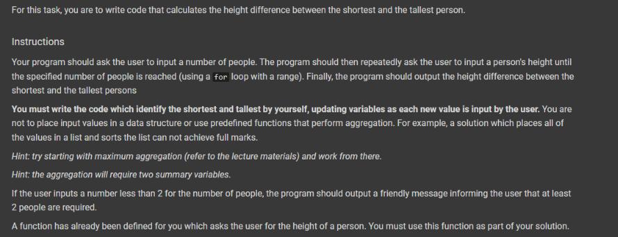 For this task, you are to write code that calculates the height difference between the shortest and the