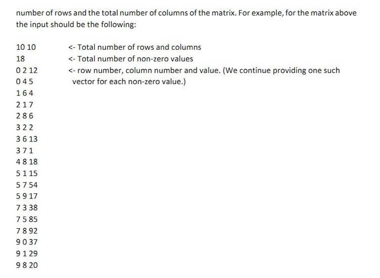 number of rows and the total number of columns of the matrix. For example, for the matrix above the input should be the follo