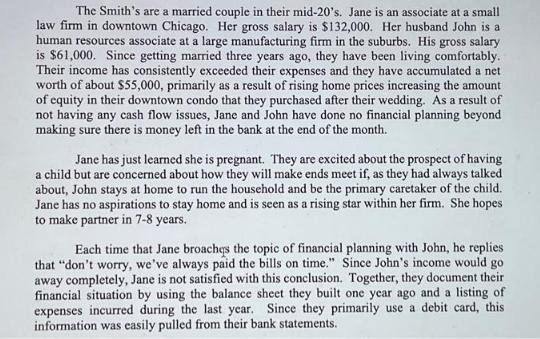 The Smith's are a married couple in their mid-20's. Jane is an associate at a small law firm in downtown