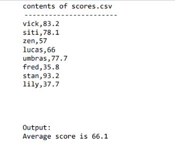contents of scores.csv vick, 83.2 siti,78.1 zen, 57 lucas, umbras, 77.7 66 fred, 35.8 stan, 93.2 lily, 37.7