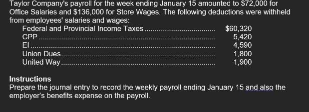 Taylor Company's payroll for the week ending January 15 amounted to $72,000 for Office Salaries and $136,000