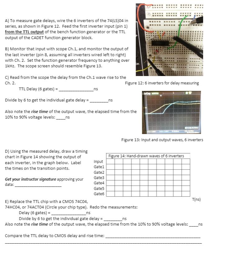 A) To measure gate delays, wire the 6 inverters of the 74(LS)04 in series, as shown in Figure 12. Feed the