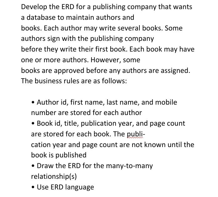Develop the ERD for a publishing company that wants a database to maintain authors and books. Each author may
