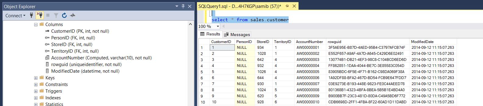 Object Explorer Connect X Columns CustomerID (PK, int, not null) PersonID (FK, int, null) StoreID (FK, int,