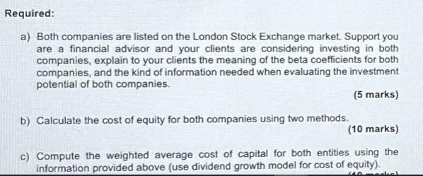 Required: a) Both companies are listed on the London Stock Exchange market. Support you are a financial