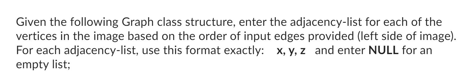 Given the following Graph class structure, enter the adjacency-list for each of the vertices in the image