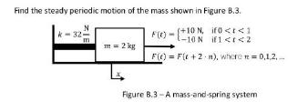 Find the steady periodic motion of the mass shown in Figure B.3. N 32 ZIE m = 2 kg (+10 N. if0 < <1 -10N i1