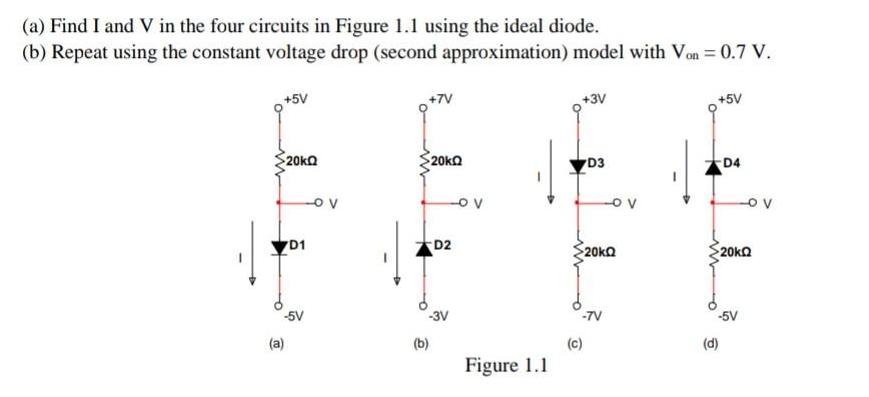 (a) Find I and V in the four circuits in Figure 1.1 using the ideal diode. (b) Repeat using the constant