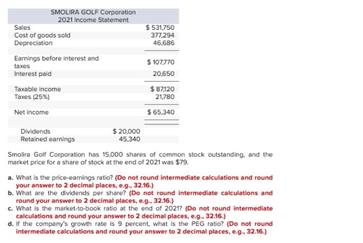 SMOLIRA GOLF Corporation 2021 Income Statement Sales Cost of goods sold Depreciation Earnings before interest