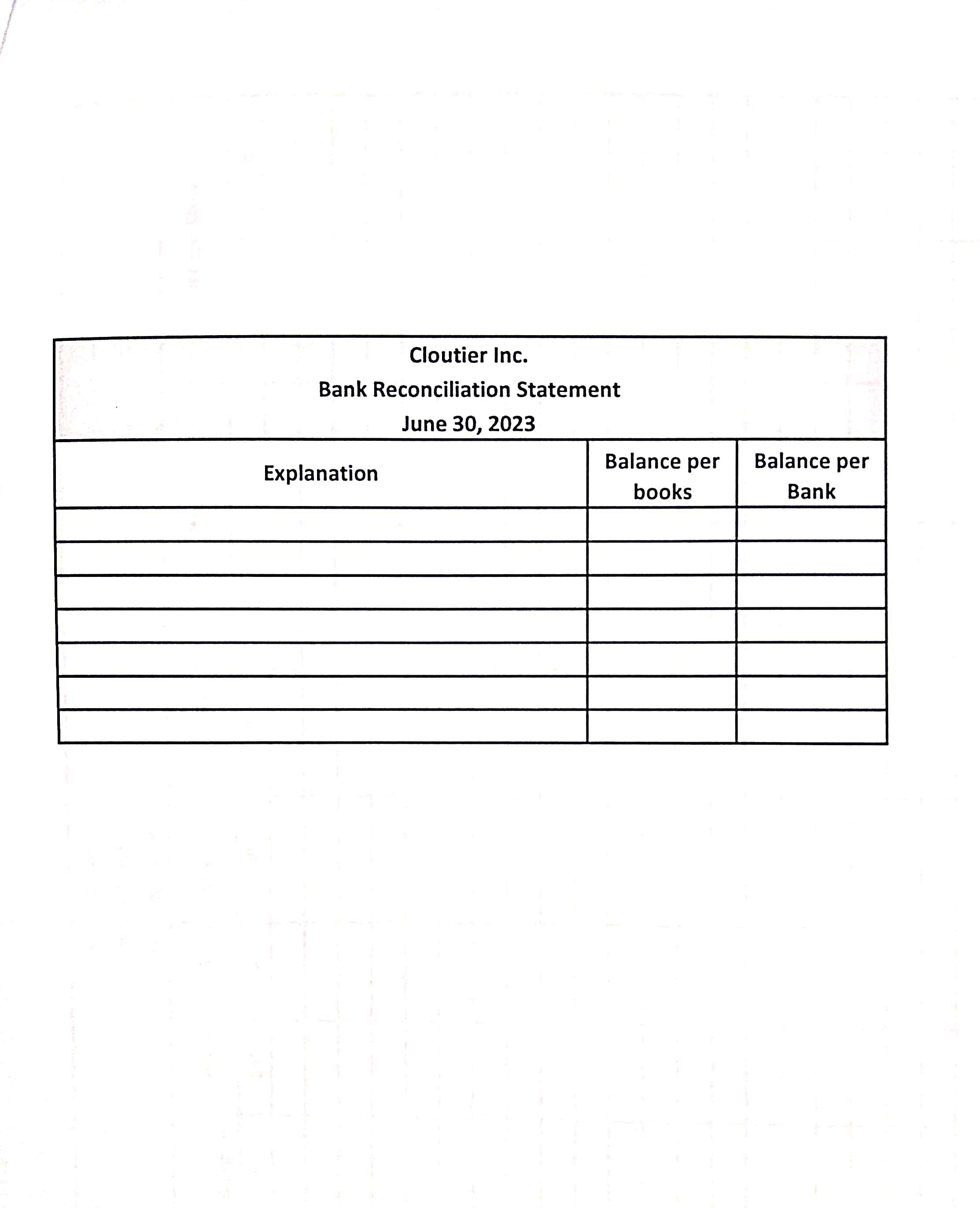 Cloutier Inc. Bank Reconciliation Statement June 30, 2023 Explanation Balance per books Balance per Bank