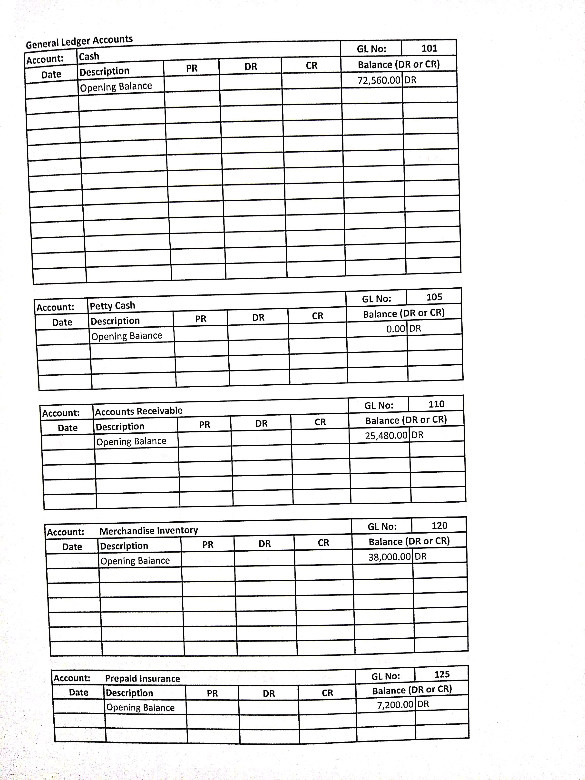 General Ledger Accounts Account: Cash Date Description Opening Balance Account: Petty Cash Date Description