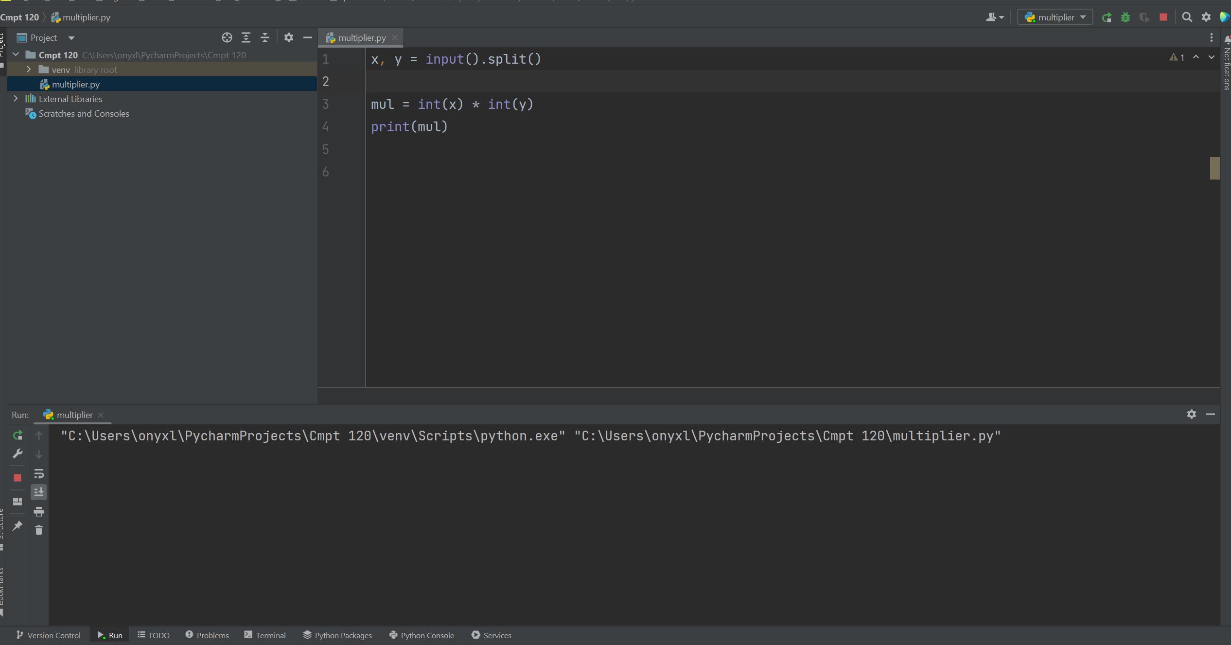 Cmpt 120 Project Cmpt 120 C:UsersonyxlPycharm ProjectsCmpt 120 venv library root multiplier.py > III