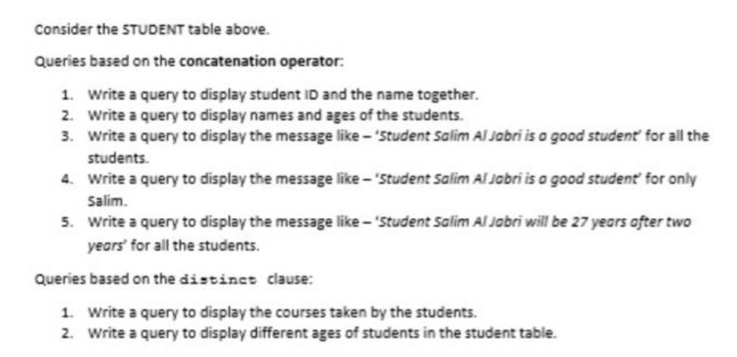 Consider the STUDENT table above. Queries based on the concatenation operator: 1. Write a query to display