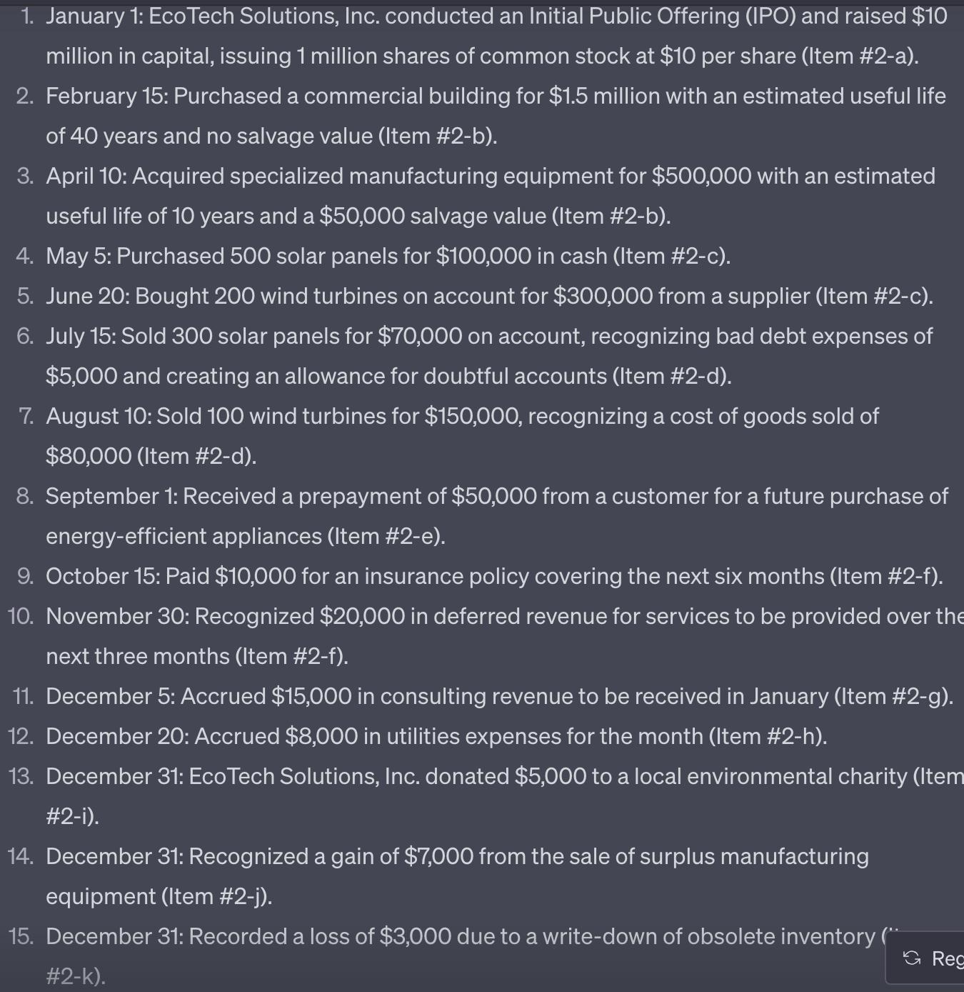 1. January 1: EcoTech Solutions, Inc. conducted an Initial Public Offering (IPO) and raised $10 million in