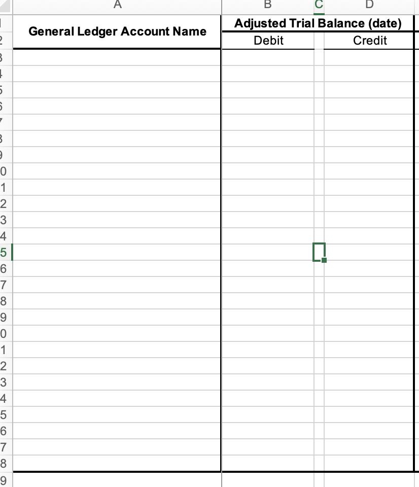 I 2 3 1 5 6 B 9 0 1 2 3 4 5 6 7 8 9 0 1 2 3 4 5 6 7 8 9 A General Ledger Account Name B D Adjusted Trial