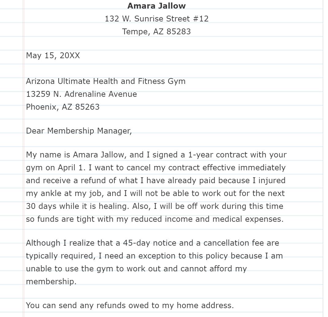 May 15, 20XX Amara Jallow 132 W. Sunrise Street #12 Tempe, AZ 85283 Arizona Ultimate Health and Fitness Gym