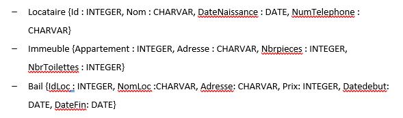 Locataire {id: INTEGER, Nom : CHARVAR, DateNaissance: DATE, NumTelephone : k CHARVAR} Immeuble {Appartement :