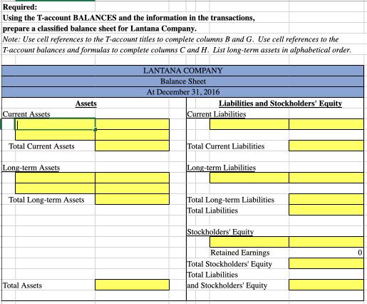 Required: Using the T-account BALANCES and the information in the transactions, prepare a classified balance