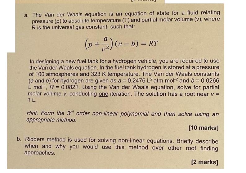 [Solved] A. The Van Der Waals Equation Is An Equat | SolutionInn