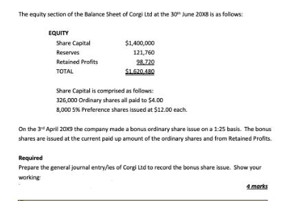 The equity section of the Balance Sheet of Corgi Ltd at the 30th June 20X8 is as follows: EQUITY Share