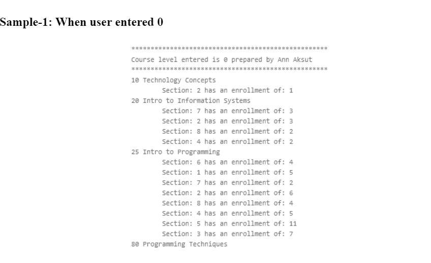 Sample-1: When user entered 0 ***** Course level entered is e prepared by Ann Aksut ********** ***** 10
