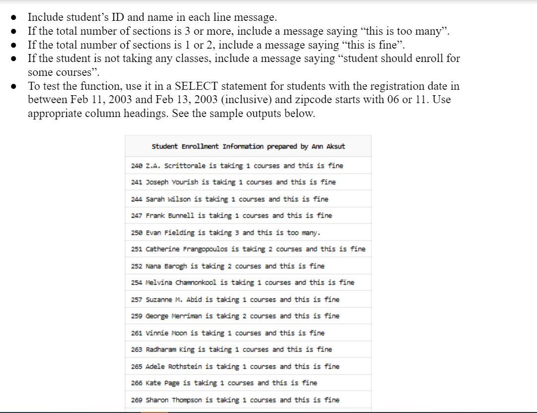 Include student's ID and name in each line message. If the total number of sections is 3 or more, include a