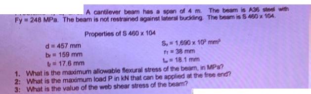 A cantilever beam has a span of 4 m. The beam is A36 steel with Fy 248 MPa. The beam is not restrained