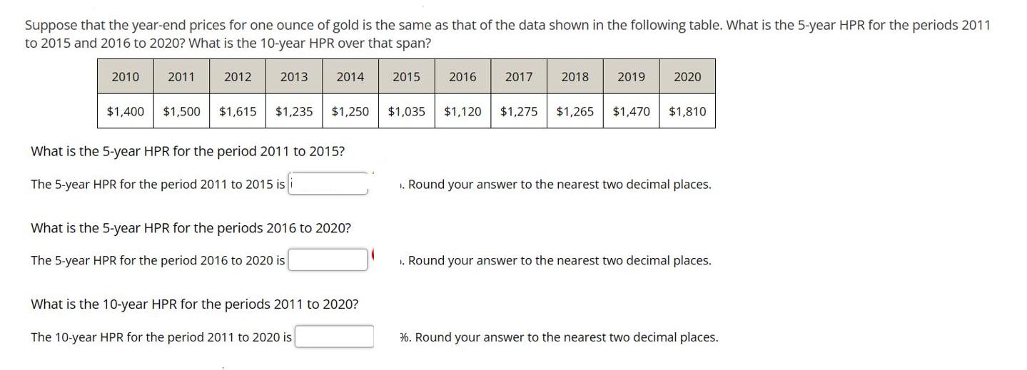 Suppose that the year-end prices for one ounce of gold is the same as that of the data shown in the following