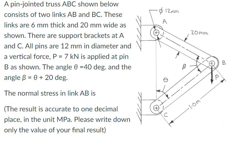 A pin-jointed truss ABC shown below consists of two links AB and BC. These links are 6 mm thick and 20 mm
